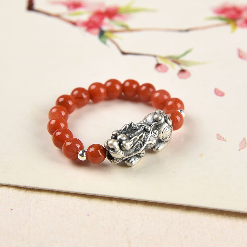Nimara Ritual 925 Sterling Silver Natural Garnet Moonstone Red Agate PiXiu Wealth Ring
