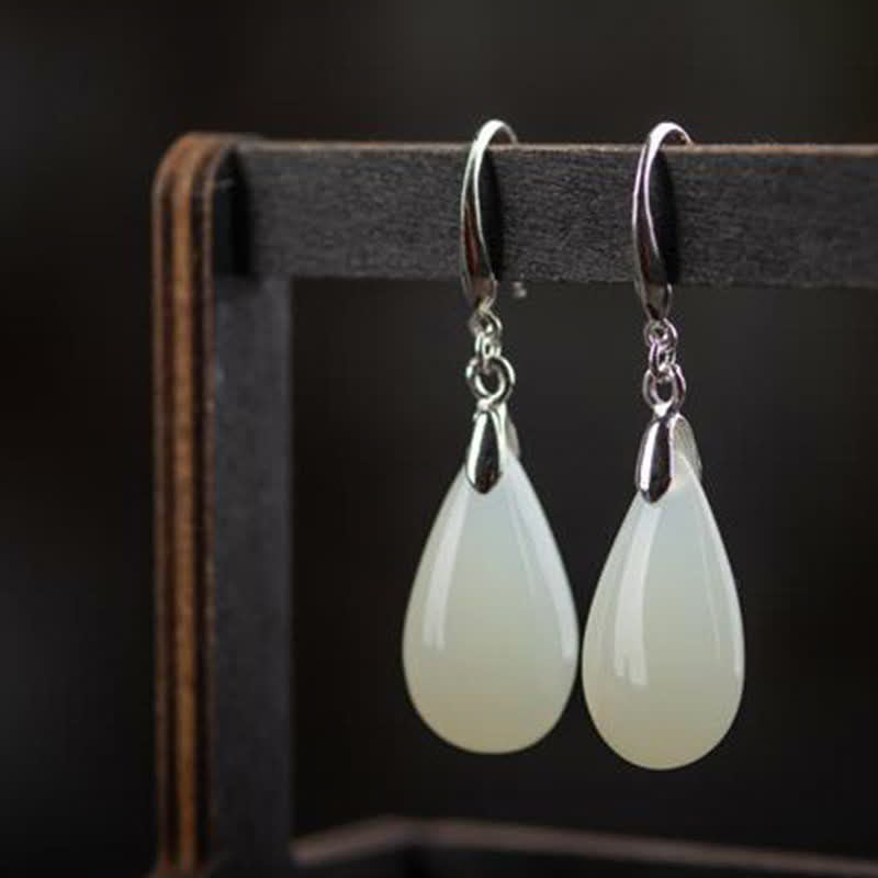 Nimara Ritual Hetian White Jade Water Drop Luck Blessing Dangle Earrings