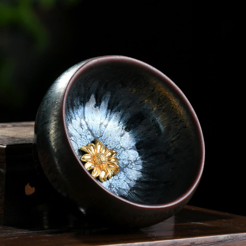Nimara Ritual 24K Gold Inlaid Sunflower Chinese Jianzhan Glaze Kiln Change Ceramic Teacup Tenmoku Kung Fu Tea Cup