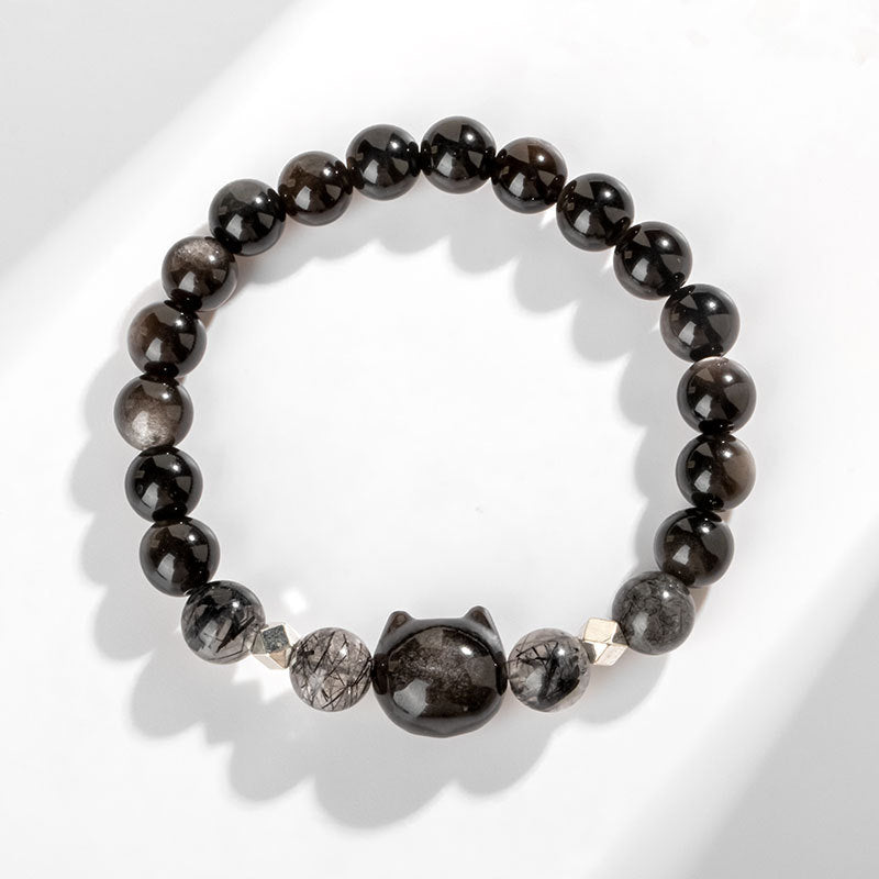 Nimara Ritual Natural Silver Sheen Obsidian Cute Cat Head Protection Bracelet