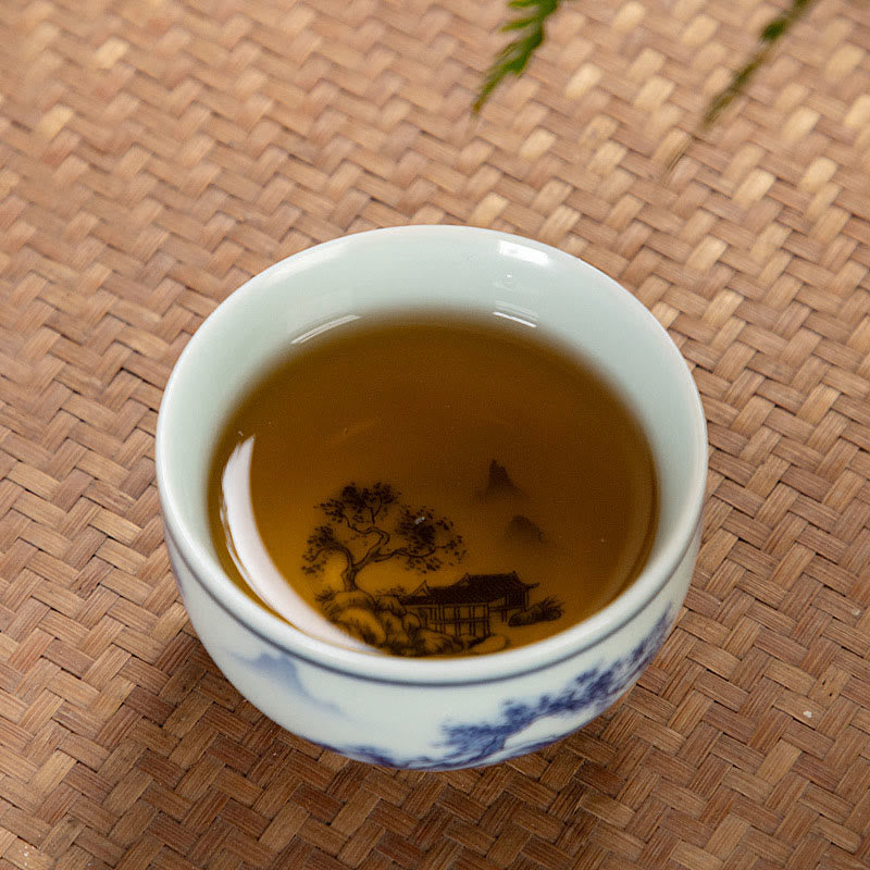 Nimara Ritual Blue Landscape Mountains Lotus Cute Cat Pavilions Magnolia Reed Egrets Ceramic Teacup Small Kung Fu Tea Cup