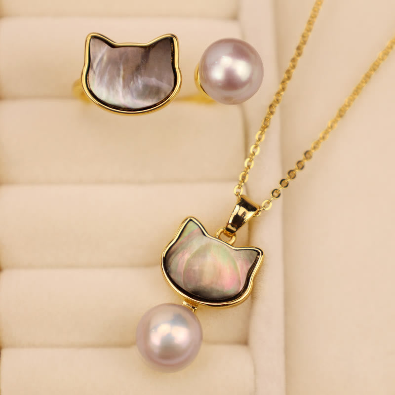 Nimara Ritual Natural Pearl Copper Cat Healing Necklace Pendant Earrings