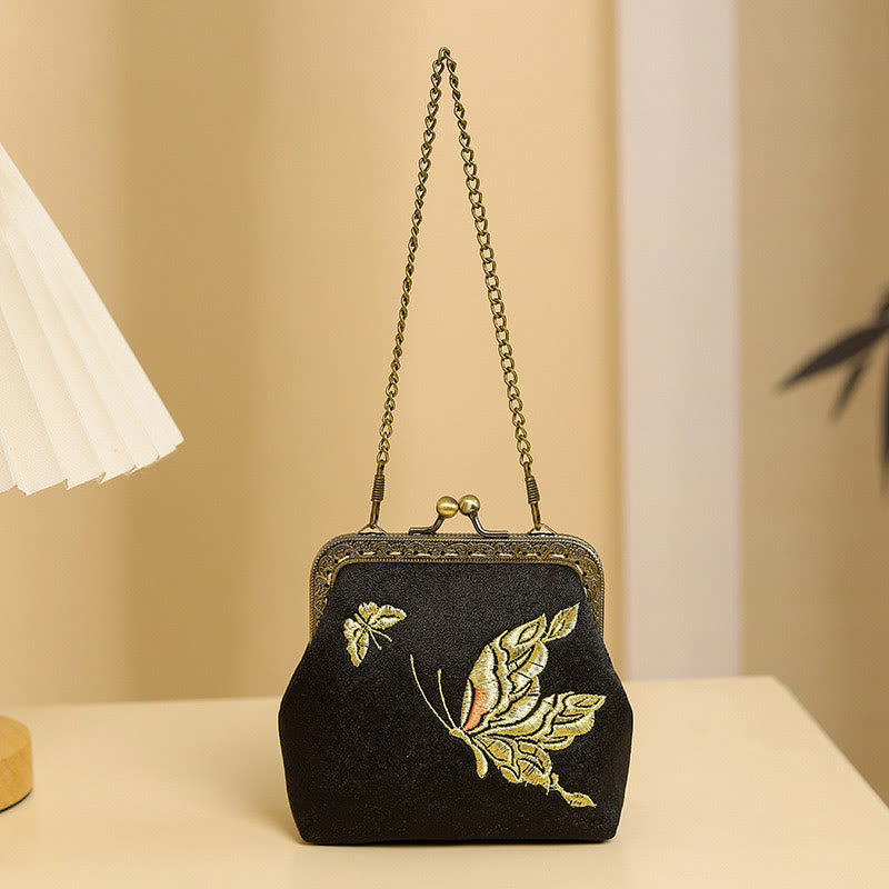 Nimara Ritual Orchids Oriental Cherry Butterfly Embroidery Metal Handle Handbag