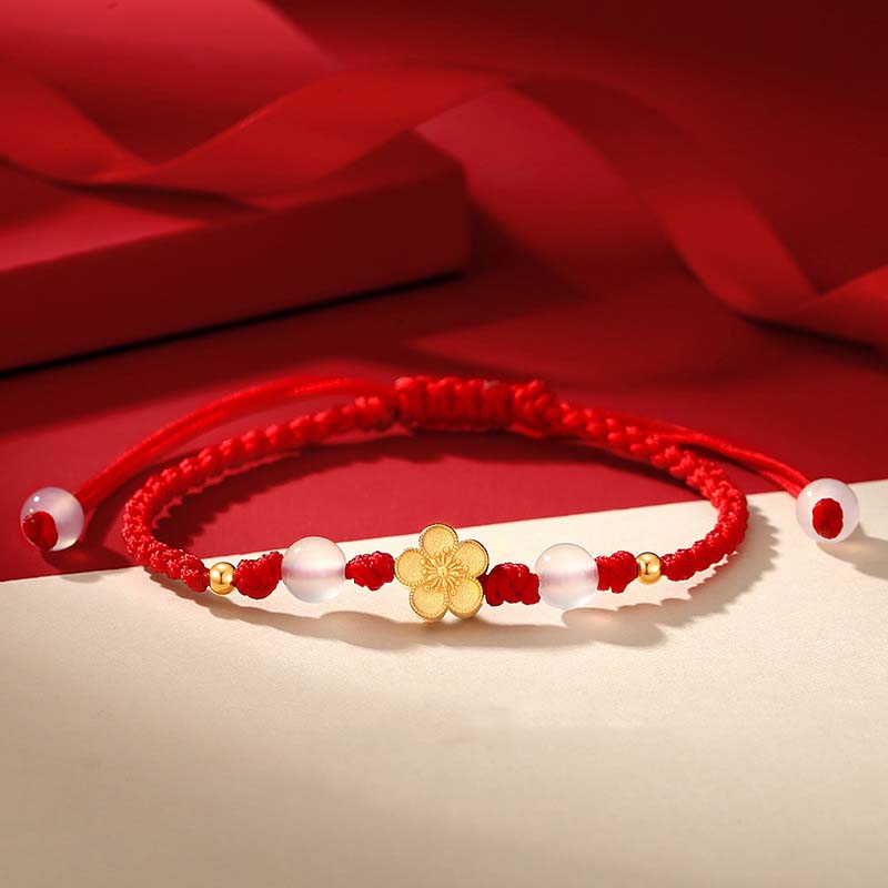 Nimara Ritual Handmade 925 Sterling Silver Peach Blossom Cherry Sakura Chalcedony Bead Luck Red Rope Bracelet