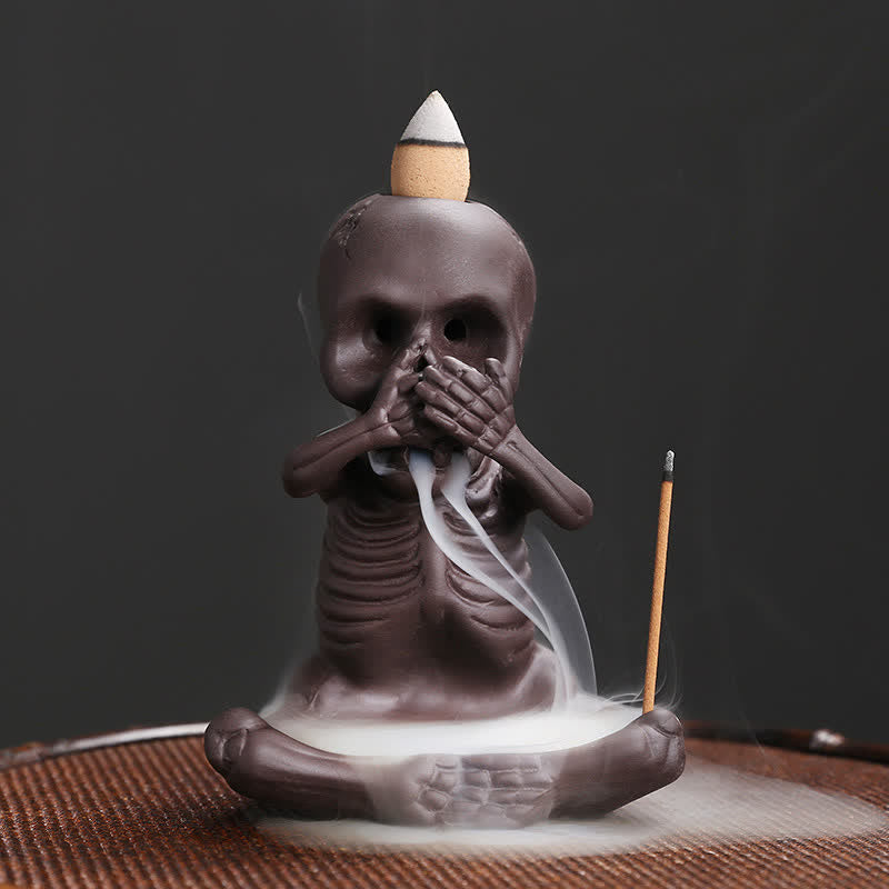 Nimara Ritual Little Skull Ghost Purple Clay Backflow Smoke Fountain Peace Incense Burner Decoration