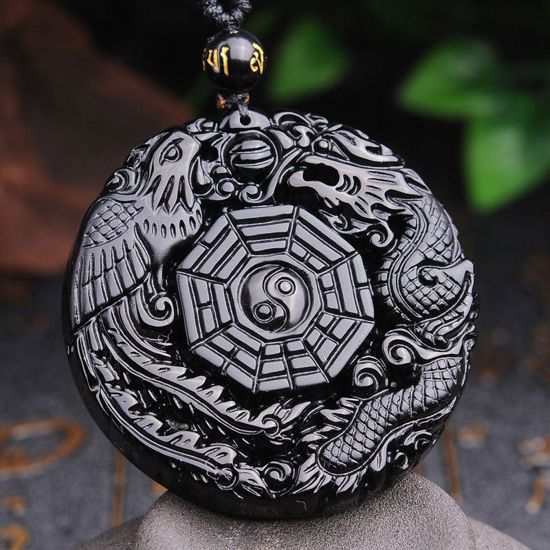 Nimara Ritual Bagua Dragon Phoenix Obsidian Fulfilment Pendant Necklace