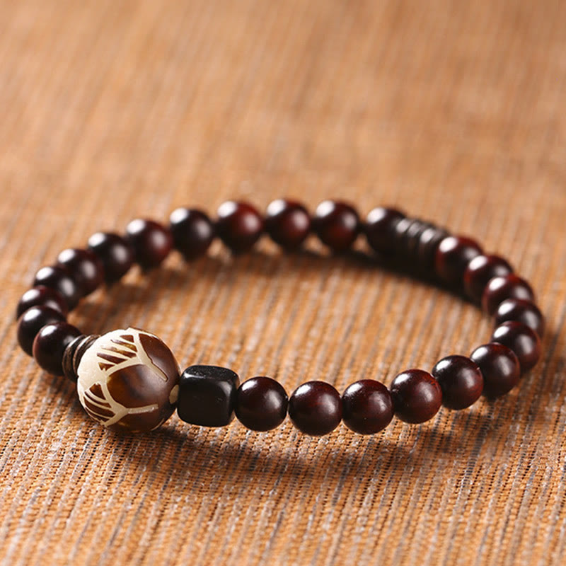 Nimara Ritual Small Leaf Red Sandalwood Lotus Bodhi Seed Carved Protection Double Wrap Bracelet