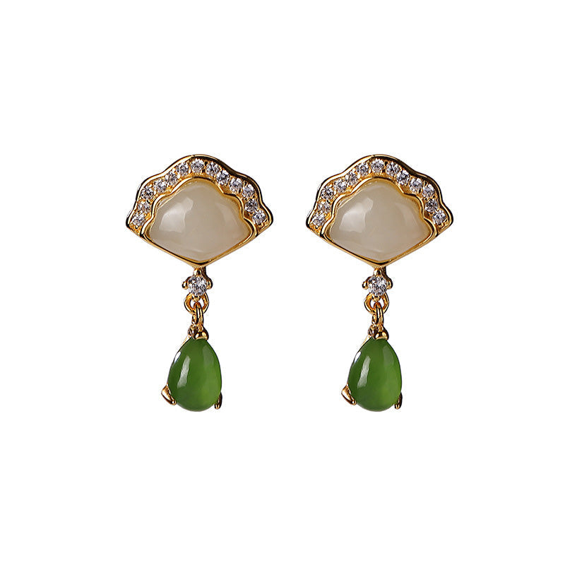 Nimara Ritual White Jade Cyan Jade Fan Water Drop Pattern Luck Drop Earrings