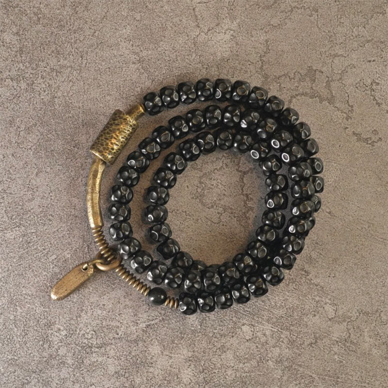 Nimara Ritual Retro Coconut Shell Brass Copper Happiness Triple Wrap Bracelet