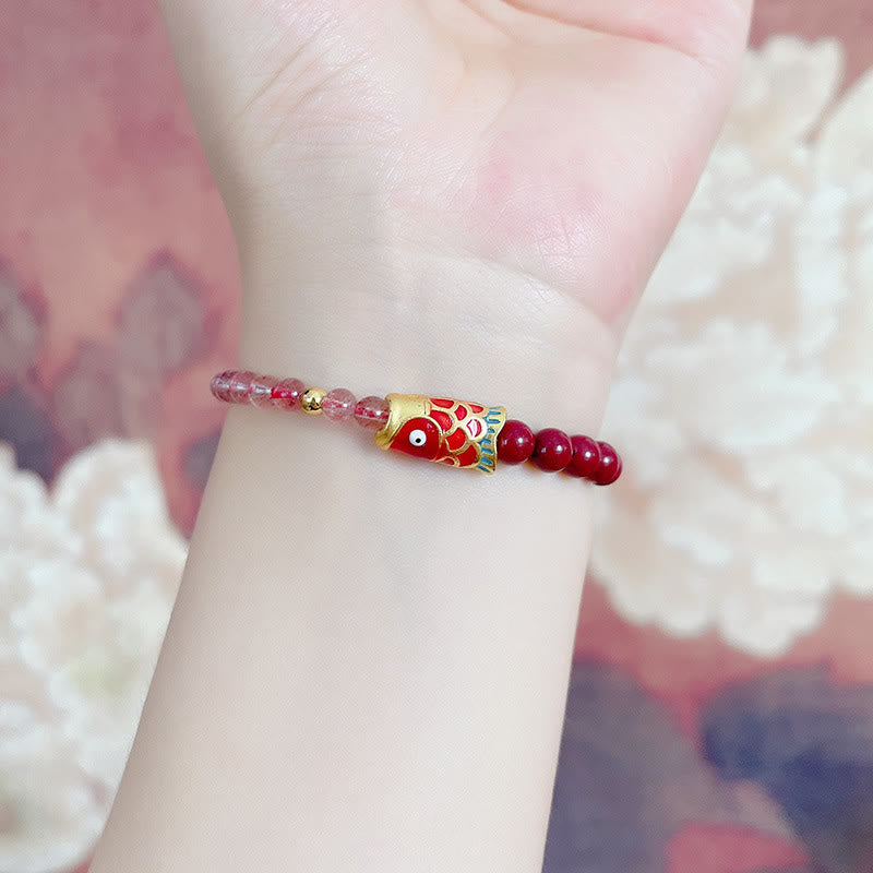 Nimara Ritual Natural Strawberry Quartz Cinnabar Lucky Koi Fish Healing Bracelet
