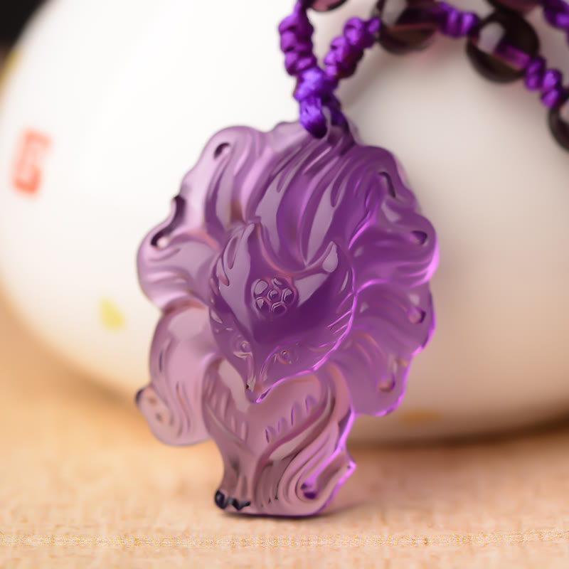 Nimara Ritual Natural Amethyst White Crystal Citrine Nine Tailed Fox Luck Necklace Pendant