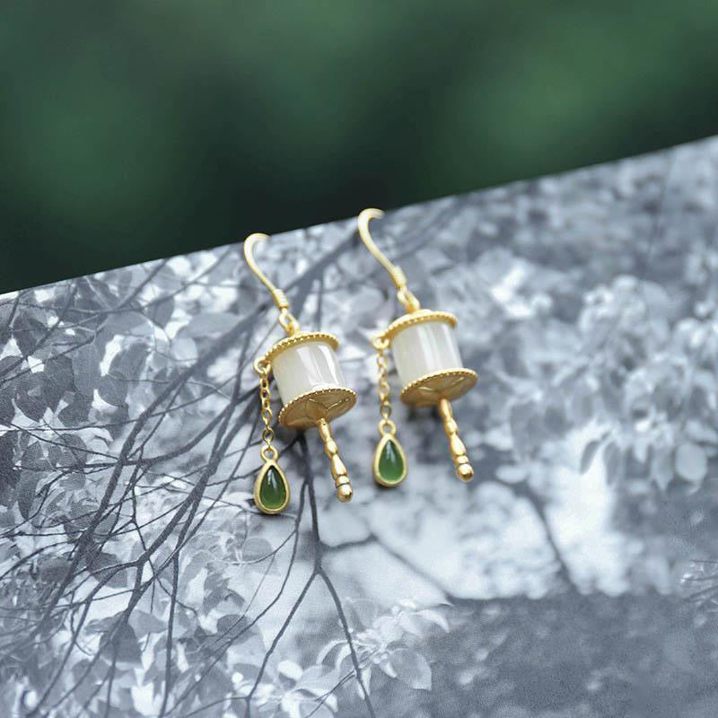 Nimara Ritual 925 Sterling Silver Jade Prayer Wheel Luck Drop Earrings
