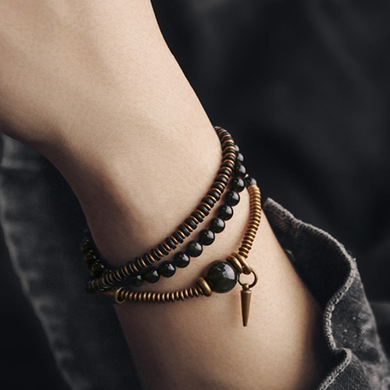 Nimara Ritual Rainbow Obsidian Ebony Wood Copper Healing Triple Wrap Bracelet