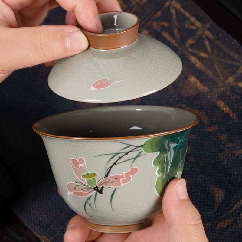 Nimara Ritual Lotus Koi Fish Pod Leaf Ceramic Gaiwan Sancai Teacup Kung Fu Tea Cup And Saucer With Lid 140ml