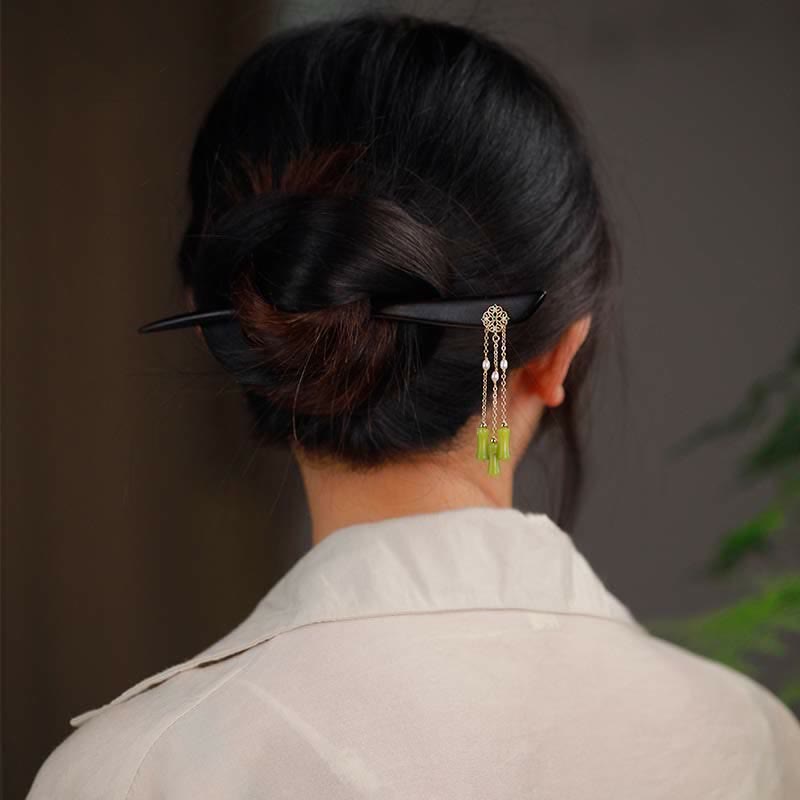 Nimara Ritual Natural Peridot Ebony Wood Love Tassels Hairpin