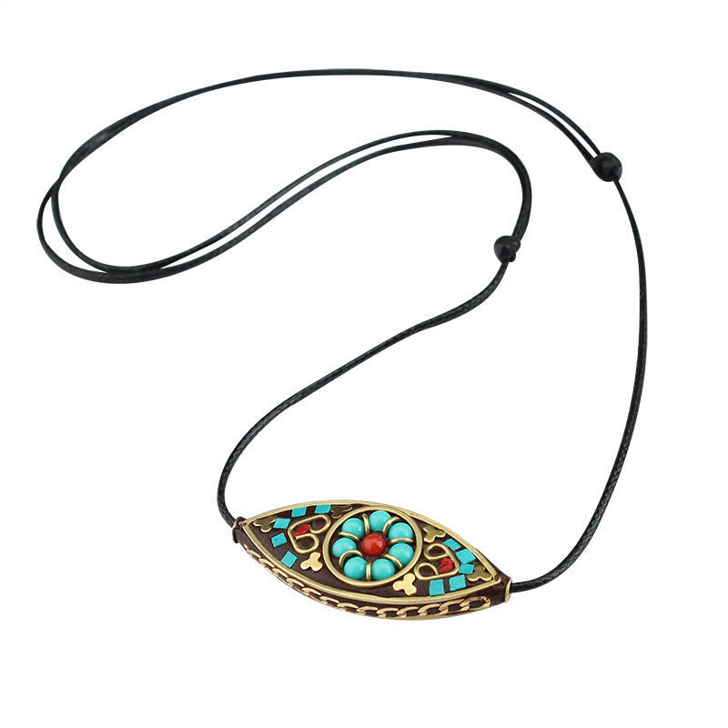 Nimara Ritual Tibet Turquoise Bead Marquise Pattern Protection Strength Necklace Pendant