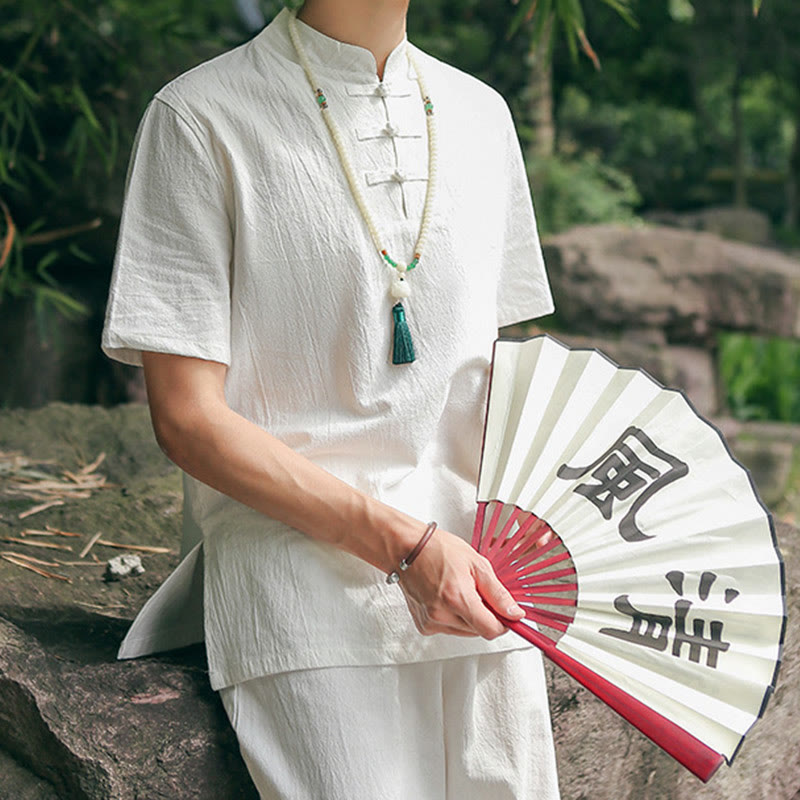 Nimara Ritual 2Pcs Men's Short Sleeve Shirt Top T-Shirt Pants Meditation Zen Tai Chi Cotton Linen Clothing Set