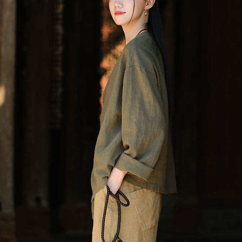 Nimara Ritual Solid Color Ramie Linen Loose Blouse Long Sleeve Shirt Chinese Hanfu Top