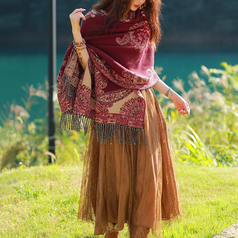 Nimara Ritual Tibetan Vine Leaves Pattern Design Shawl Cozy Travel Scarf Wrap