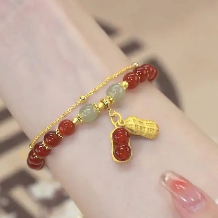 Nimara Ritual Jade Leaf Ginkgo Tulip Peanut Fu Character Luck Beaded Bracelet