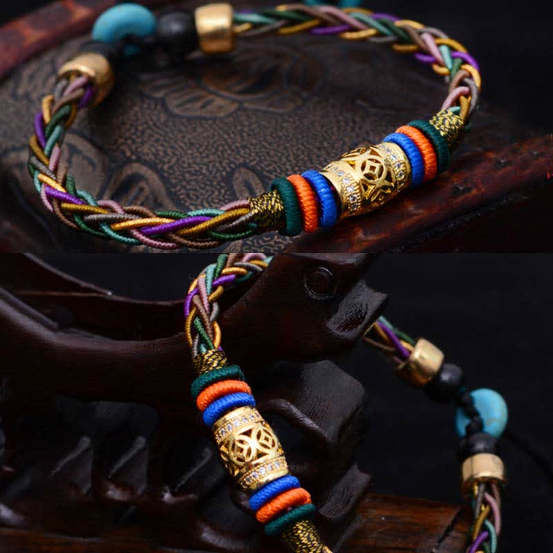 Nimara Ritual Tibetan Handmade Eight Thread Knot Copper Coin Luck Weave String Bracelet