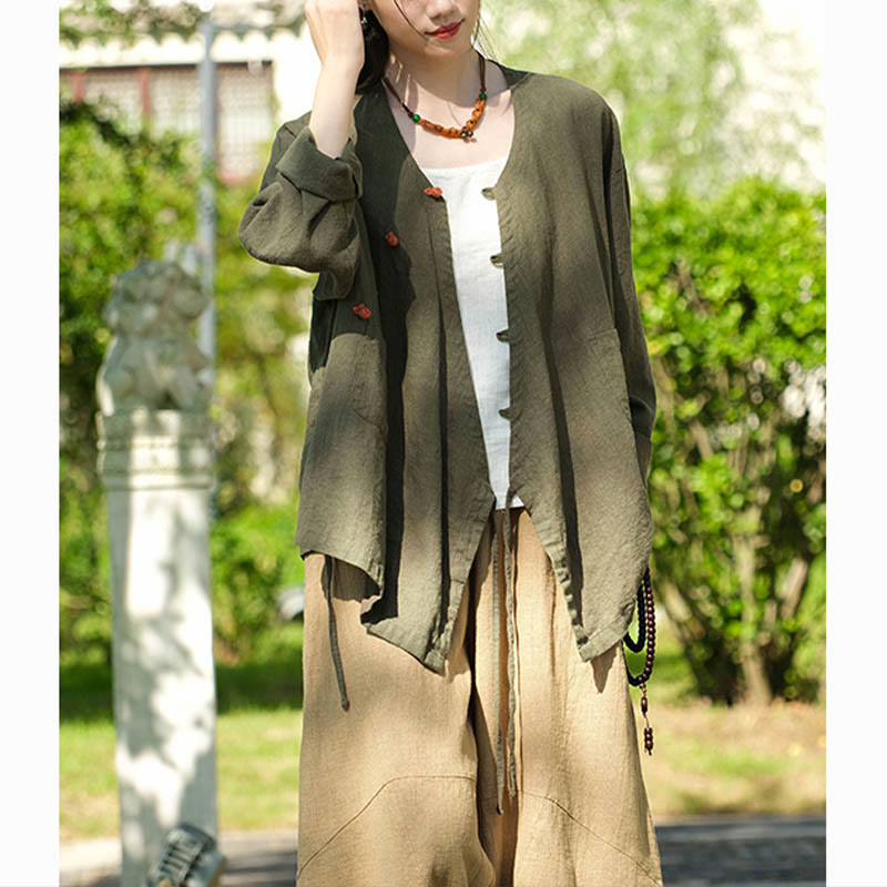 Nimara Ritual Solid Color Ramie Linen Loose Blouse Long Sleeve Shirt Chinese Hanfu Top