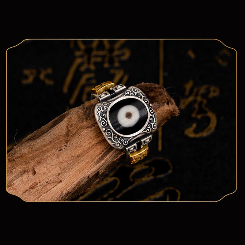 Nimara Ritual 925 Sterling Silver Zakiram Goddess of Wealth Design Dzi Bead Protection Ring