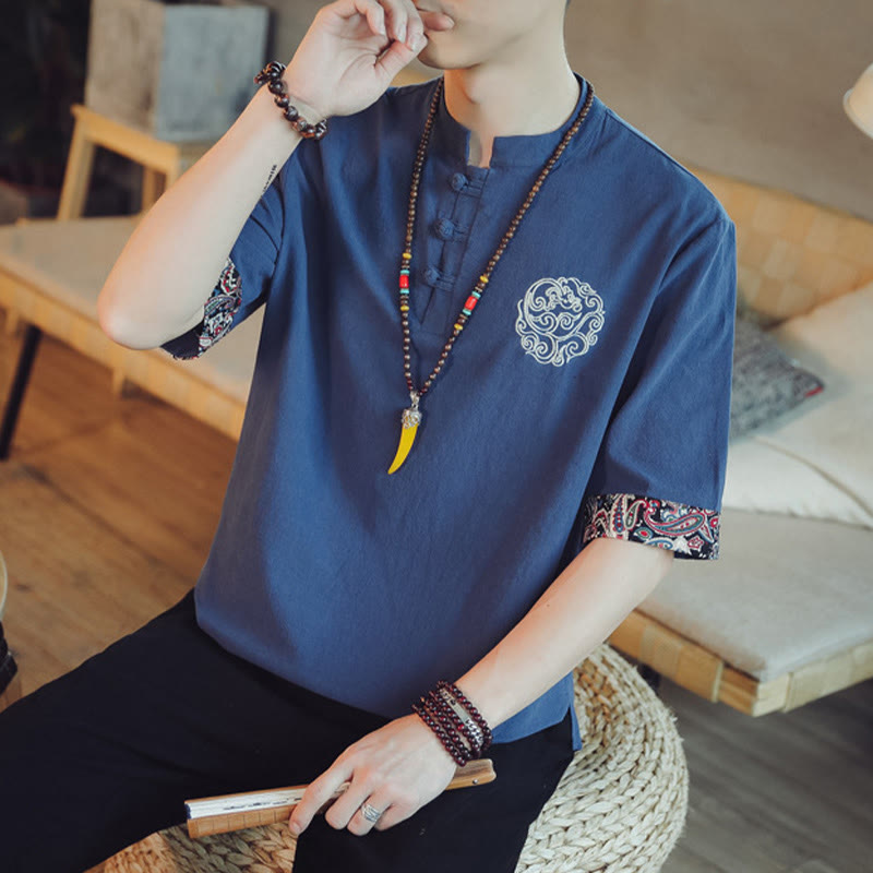 Nimara Ritual Frog-Button Dragon Embroidery Chinese Tang Suit Short Sleeve Shirt Men Clothing