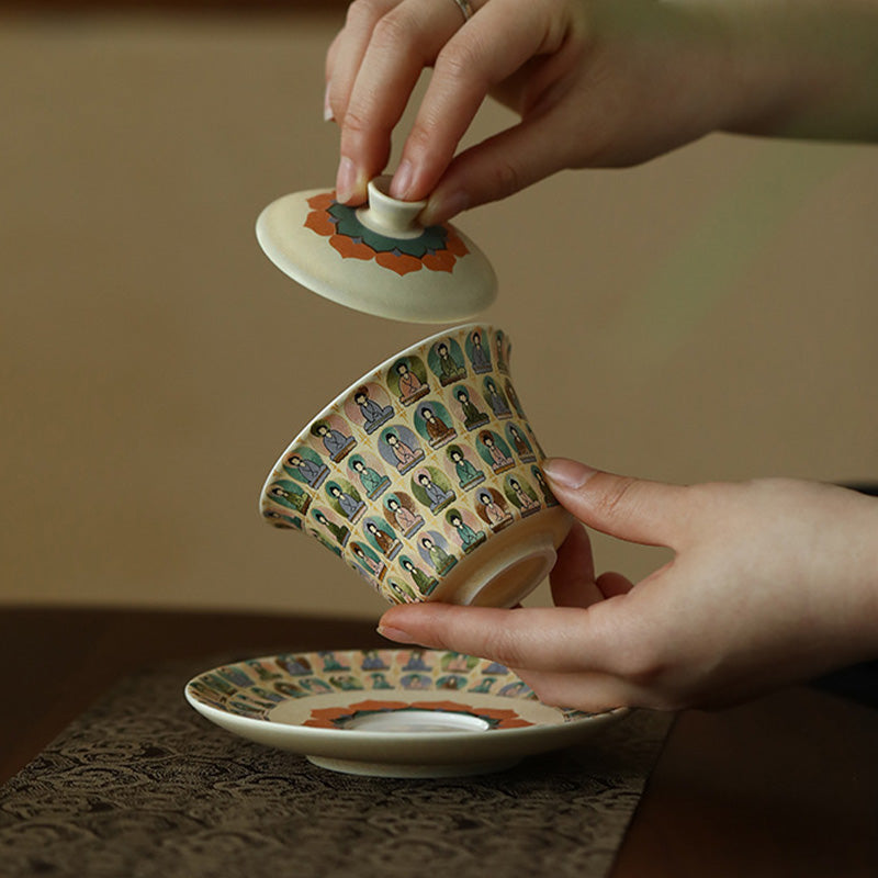 Nimara Ritual Dunhuang Color Thousand Buddhas Flying Apsaras Pattern Gaiwan Teacup Kung Fu Tea Cup With Lid