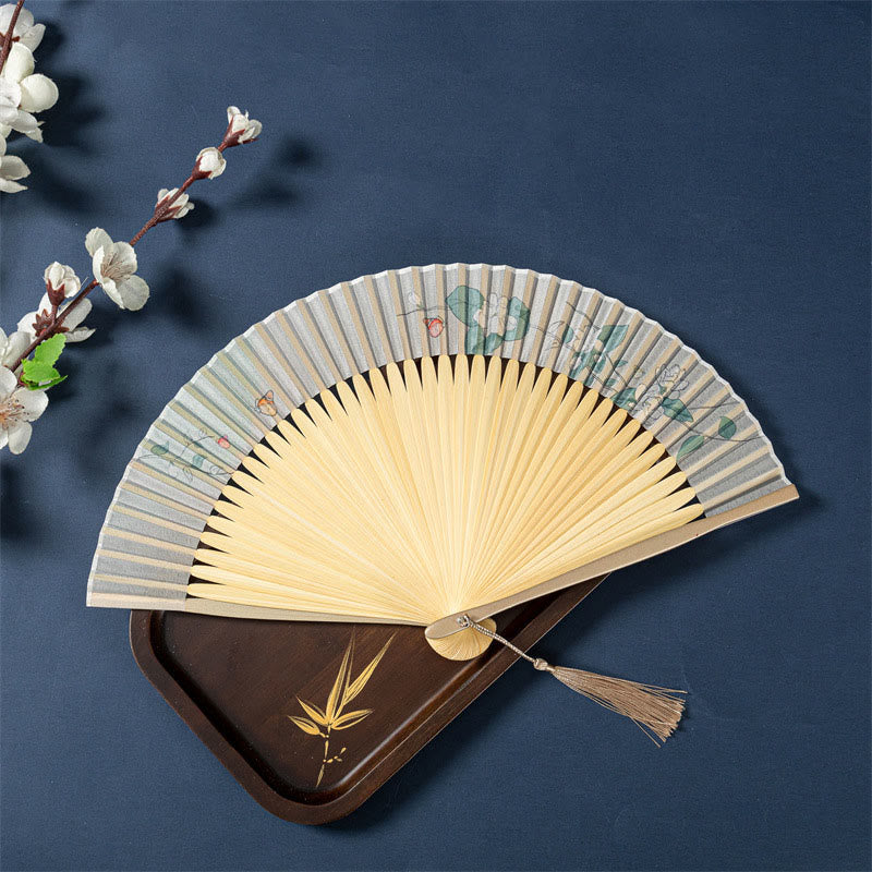 Nimara Ritual Lotus Begonia Flower Jasmine Handheld Bamboo Folding Fan 21cm