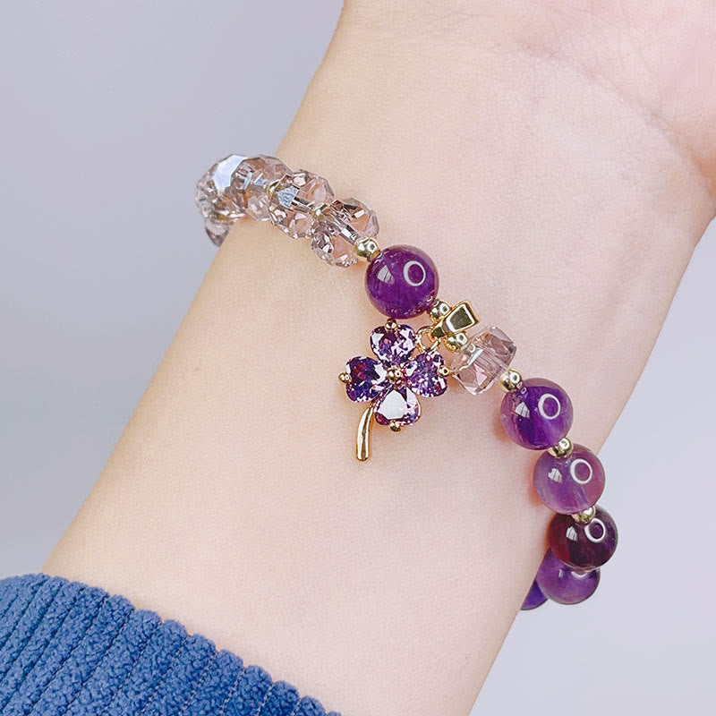Nimara Ritual Amethyst Crystal Four Leaf Clover Healing Charm Bracelet