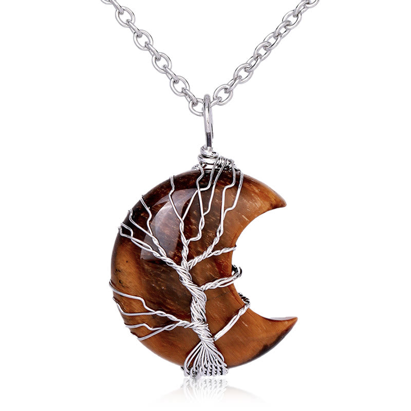 Nimara Ritual Natural Quartz Crystal Moon Tree Of Life Healing Energy Necklace Pendant
