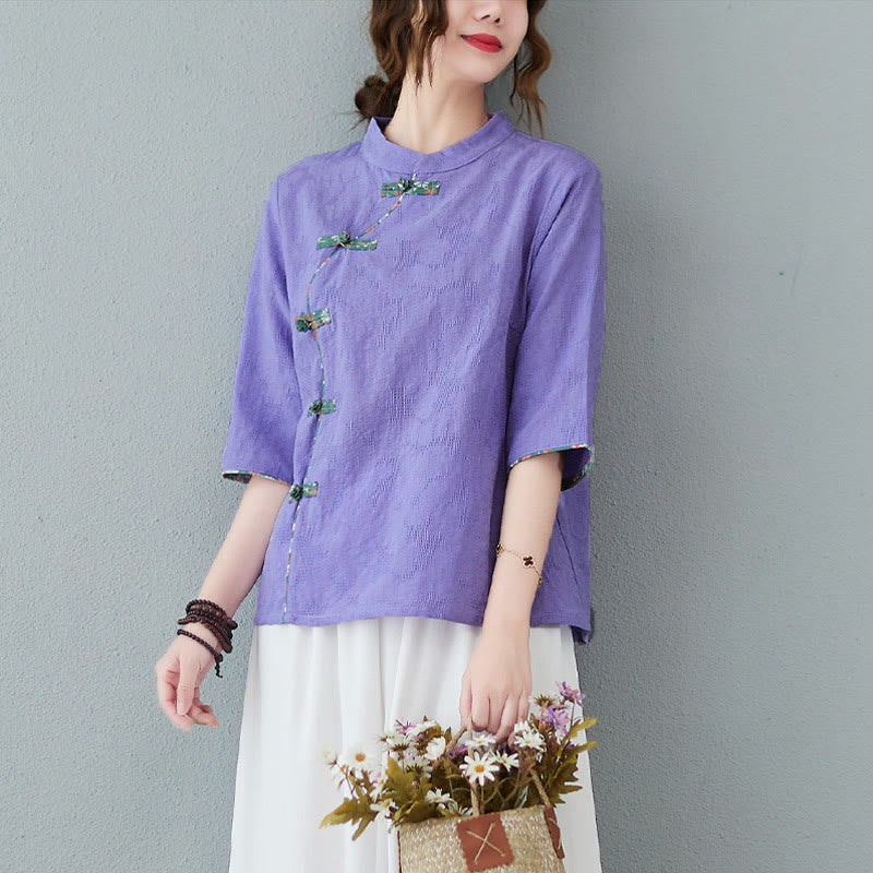 Nimara Ritual Floral Pattern Frog-Button Half Sleeve Cotton Linen Shirt