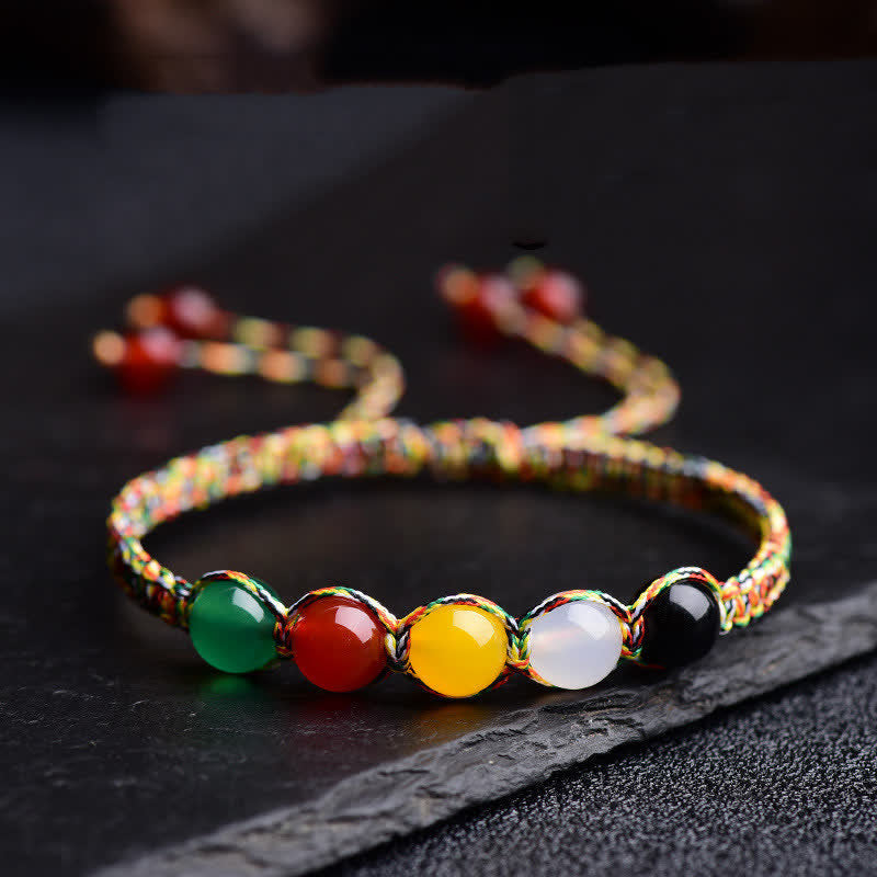Nimara Ritual Colorful Agate Metal Wood Water Fire Earth Five Elements String Bracelet