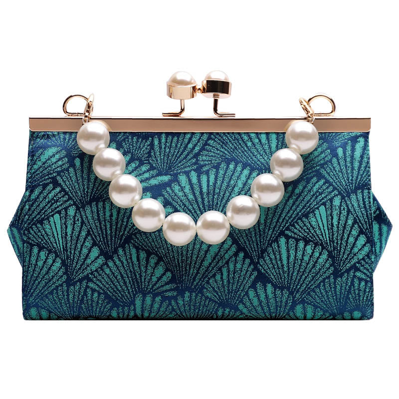 Nimara Ritual Vintage Peacock Blue Leaf Pattern Pearl Metal Handbag