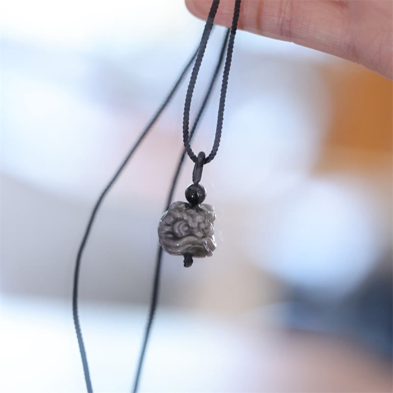 Nimara Ritual Natural Silver Sheen Obsidian Dancing Lion Protection Necklace Pendant