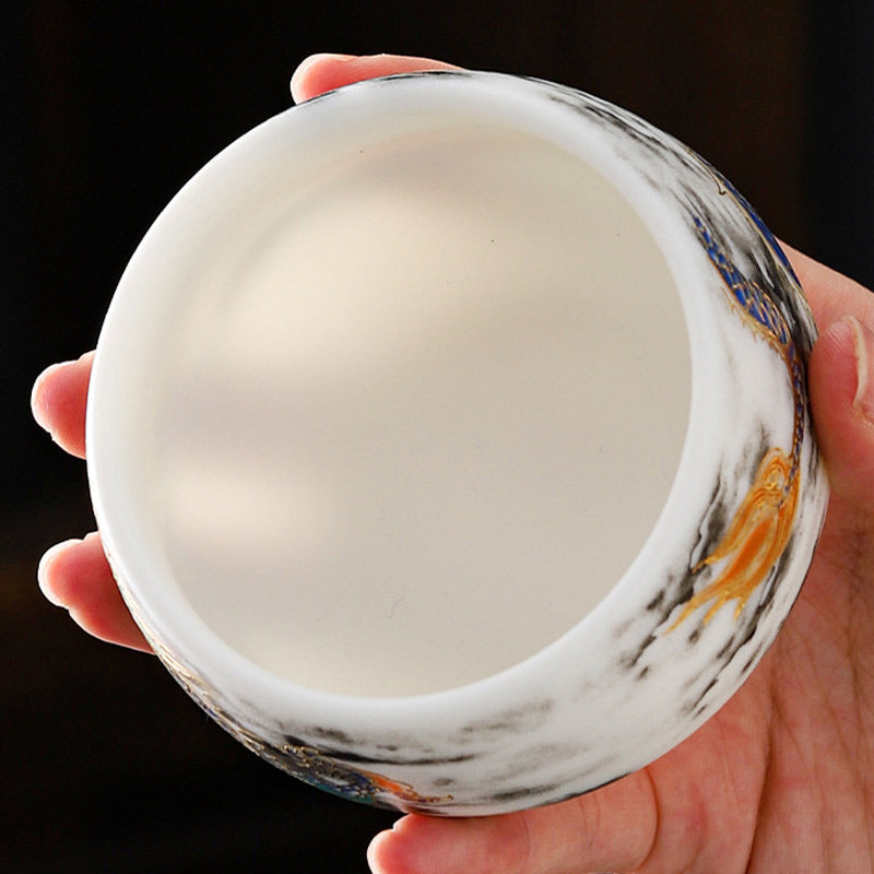 Nimara Ritual Dragon Playing With Pearl Design White Porcelain Ceramic Teacup Kung Fu Tea Cup 160ml