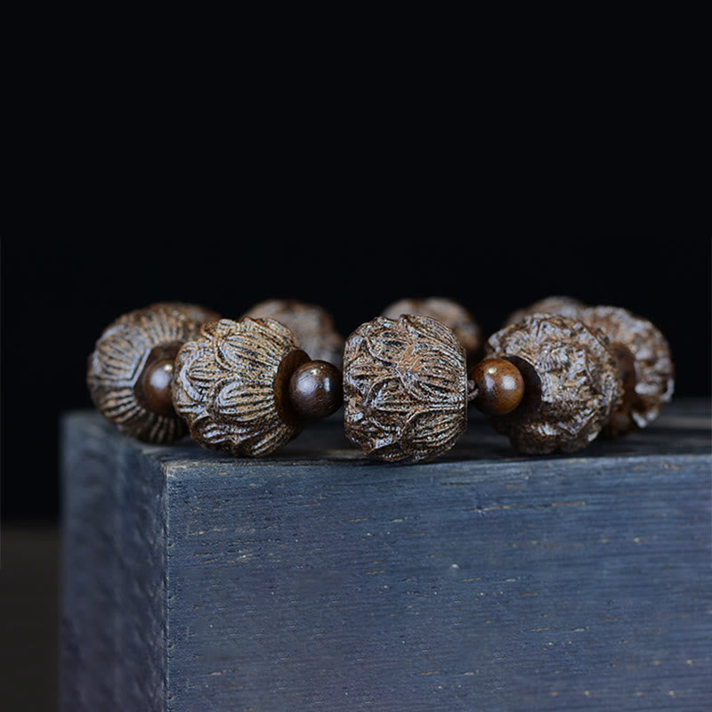 Nimara Ritual Ebony Wood Eighteen Arhats Lotus Dragon Engraved Balance Bracelet