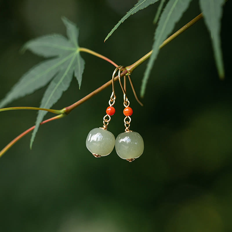 Nimara Ritual 925 Sterling Silver Plated 14k Gold Hetian Jade Red Agate Luck Drop Dangle Earrings