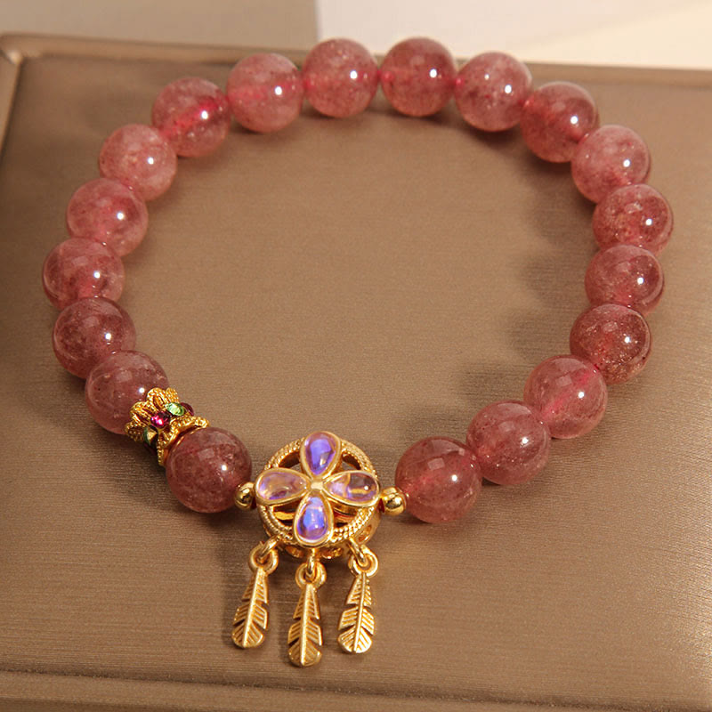 Nimara Ritual Natural Strawberry Quartz Four Leaf Clover Dreamcatcher Charm Love Bracelet