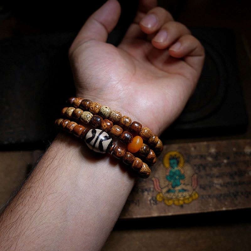 Nimara Ritual Tibetan Bodhi Seed Amber Dzi Bead Agate Zakiram Goddess of Wealth Beads Triple Wrap Bracelet