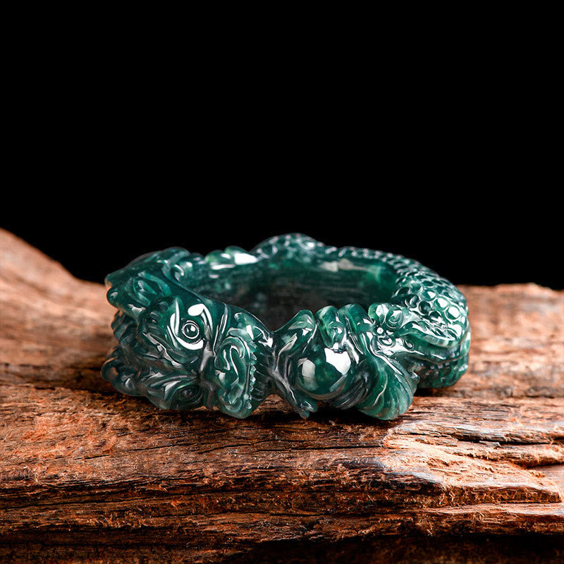 Nimara Ritual Natural Cyan Jade Dragon Carved Success Ring
