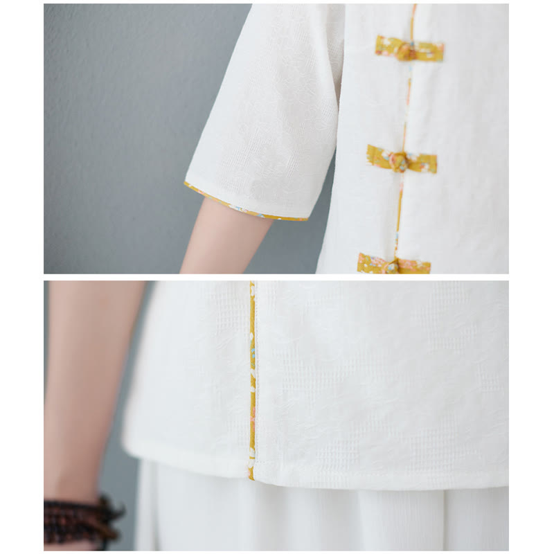 Nimara Ritual Floral Pattern Frog-Button Half Sleeve Cotton Linen Shirt