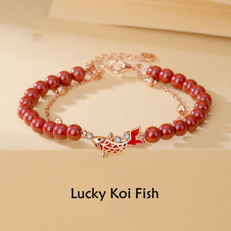 Nimara Ritual 925 Sterling Silver Lucky Koi Fish Cinnabar Zircon Prosperity Double Layer Chain Bracelet