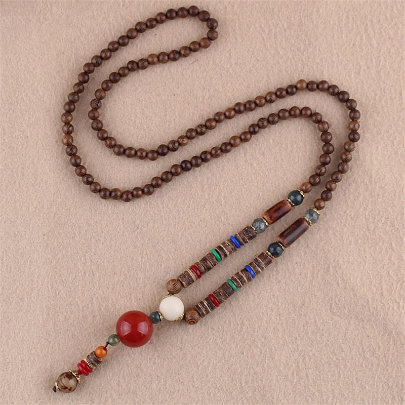 Nimara Ritual Tibetan Wenge Wood Bodhi Seed Agate Elephant Protection Necklace Pendant
