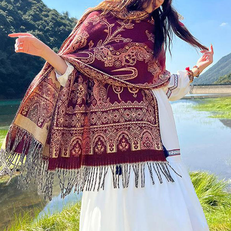 Nimara Ritual Vintage Tibetan Leaves Pattern Design Shawl Cozy Travel Scarf Wrap