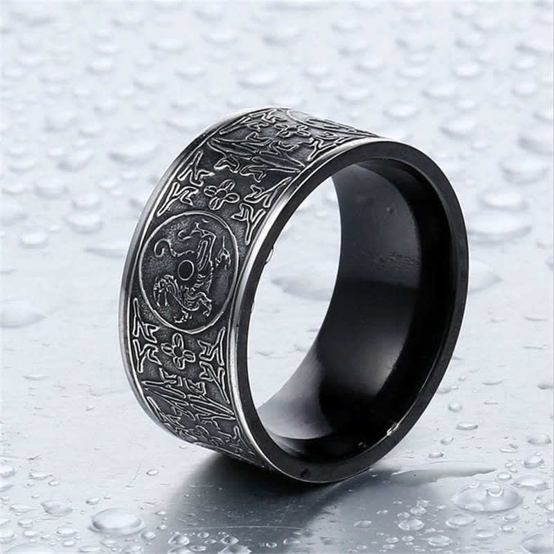 Nimara Ritual Four Guardian Beast Dragon White Tiger Suzaku Basalt Carved Success Luck Ring