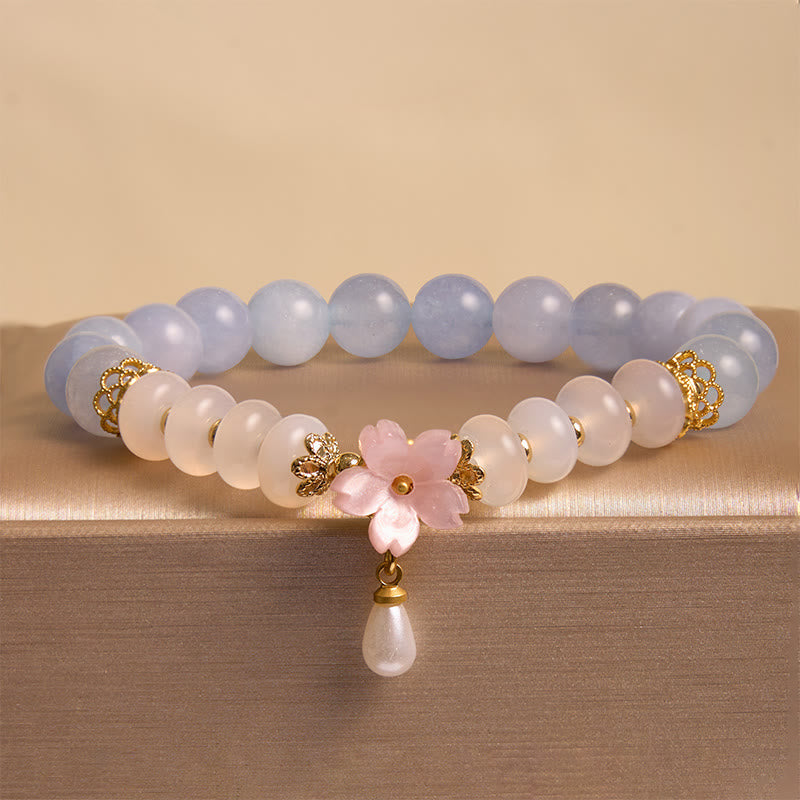 Nimara Ritual Aquamarine White Agate Pearl Abacus Beads Flower Healing Bracelet