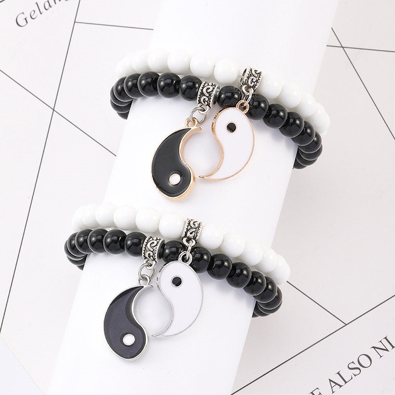 Nimara Ritual 2Pcs Black Onyx White Turquoise Bead Yin Yang Protection Couple Bracelet