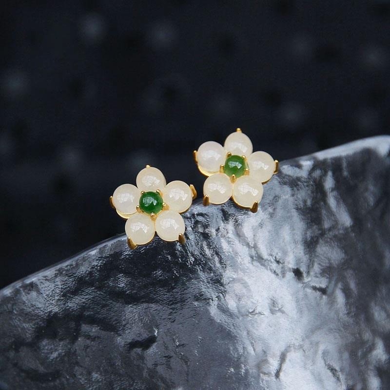 Release Negativity White Jade Flower Blessing Stud Earrings